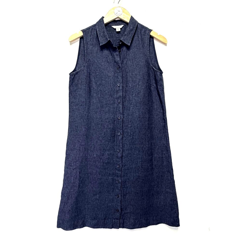 Garnet Hill Classic 100% Linen Shirtdress Navy 4 Sleeveless Button Front A-Line